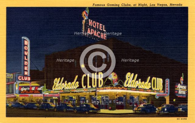'Famous Gaming Clubs at Night, Las Vegas, Nevada', postcard, 1950. Artist: Unknown