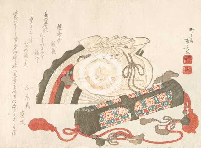 Fan, Bag and Incense-Tube, 19th century., 19th century. Creator: Shinsai.