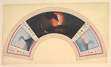 Fan Design with Eruption of Vesuvius and Three Views, 18th century. Creator: Anon
