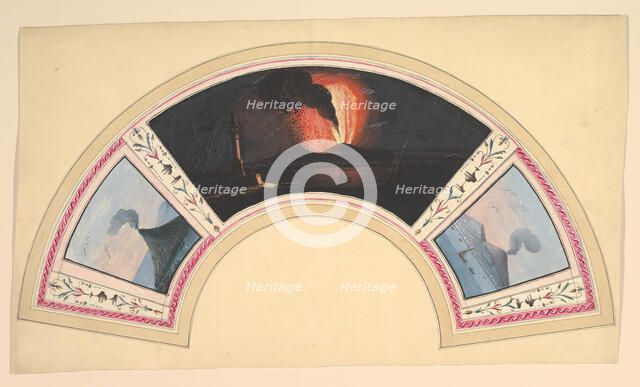 Fan Design with Eruption of Vesuvius and Three Views, 18th century. Creator: Anon.