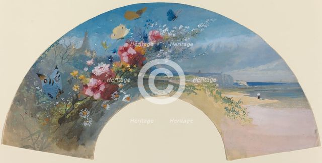 Fan with Wildflowers and Butterflies against the Norman Coast, c. 1875. Creator: Felix Hilaire Buhot.