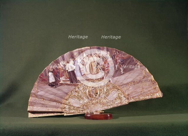 Fan with the historical scene of the baptism of Alfonso XIII (1886-1941) King of Spain, on a draw…