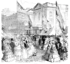 Fancy Bazaar at the Wellington Barracks, St. James's-Park, 1856. Creator: Unknown