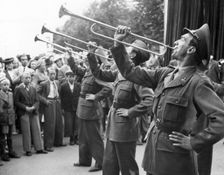 Fanfare by military trumpeters, celebration in the market place, Trelleborg, Sweden, 1946. Creator: Unknown