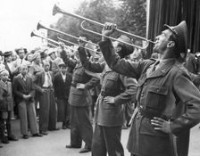 Fanfare by military trumpeters, celebration in the market place, Trelleborg, Sweden, 1946