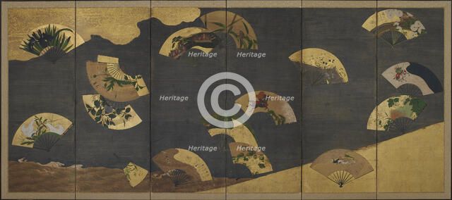 Fans and clouds over rocks and water, Edo period, early 17th century. Creator: Hon'ami Kôetsu.