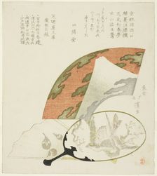 Fans decorated with motifs of the three auspicious dreams of the New Year, c. 1821. Creator: Totoya Hokkei