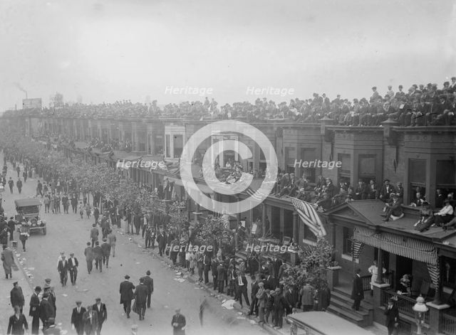 Fans on buildings outside Shibe Park, Philadelphia, during 1913 World Series (baseball), 1913. Creator: Bain News Service.