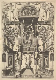 Fantastic Architecture Structure with Strapwork and Two Pergolas and a Small Scene with Vu..., 1557. Creator: Cornelis Floris II