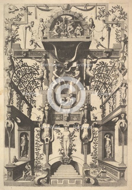 Fantastic Architecture Structure with Strapwork and Two Pergolas and a Small Scene with Vu..., 1557. Creator: Cornelis Floris II.