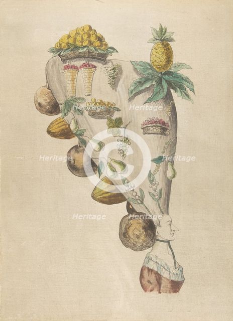 Fantastic Hairdresses with Fruit and Vegetable Motifs, 18th century. Creator: Anon.