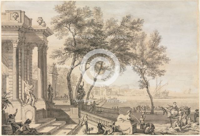 Fantastic Harbor Scene with Architecture and Figures, 1713. Creator: Isaac de Moucheron (Dutch, 1667-1744).