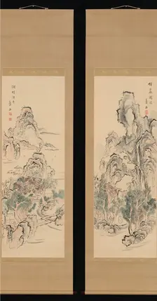 Fantastic Rocks with Cascading Waterfall; Fishing Boats by a Lake Hamlet, first half of 19th cent. Creator: Aiseki