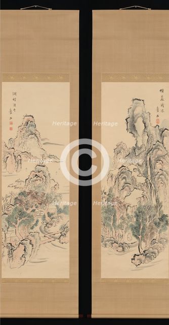 Fantastic Rocks with Cascading Waterfall; Fishing Boats by a Lake Hamlet, first half of 19th cent. Creator: Aiseki.
