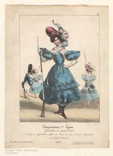 Fantasy uniform and armament for female grenadier, 1831. Creator: E. Morisseau