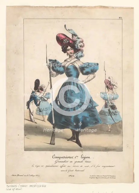 Fantasy uniform and armament for female grenadier, 1831. Creator: E. Morisseau.