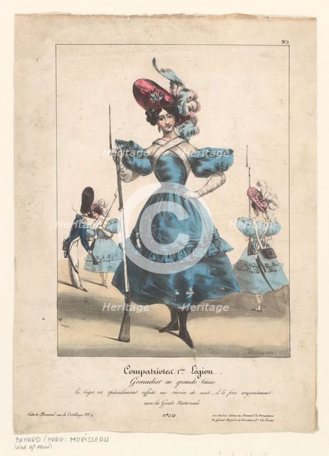 Fantasy uniform and armament for female grenadier, 1831. Creator: E. Morisseau.