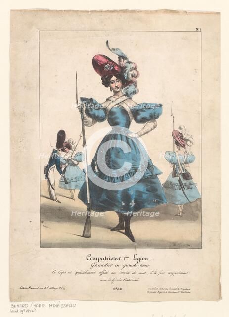 Fantasy uniform and armament for female grenadier, 1831. Creator: E. Morisseau.