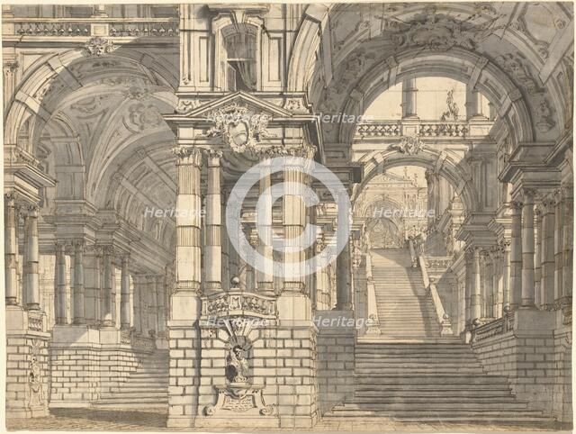 Fantasy of Magnificent Courtyards and Loggie with a Monumental Staircase, early 1770s. Creator: Pietro Gonzaga.