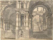 Fantasy of Magnificent Courtyards and Loggie with a Monumental Staircase, early 1770s. Creator: Pietro Gonzaga