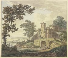 Far a bridge and several buildings, five children are bathing in the water. Creator: Hermanus Numan