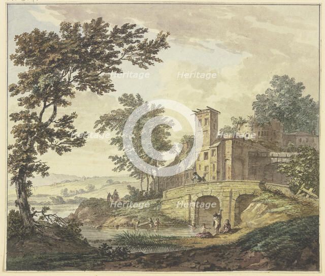 Far a bridge and several buildings, five children are bathing in the water. Creator: Hermanus Numan.