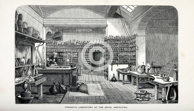 Faraday's Laboratory at the Royal Institution, pub. 1870. Creator: English School (19th Century).