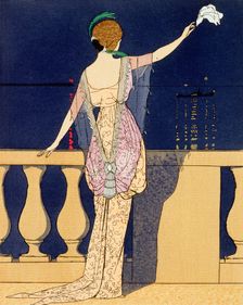 Farewell at Night design for an evening dress by Jeanne Paquin, early 20th century. Creator: Georges Barbier