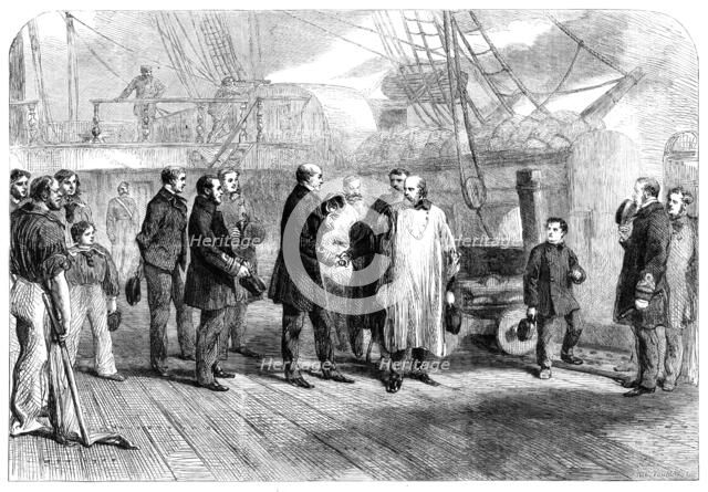 Farewell visit of Garibaldi to Admiral Mundy on board the "Hannibal" at Naples, 1860. Creator: W. L. Thomas.