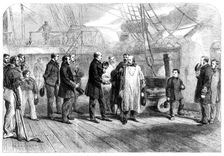 Farewell visit of Garibaldi to Admiral Mundy on board the "Hannibal" at Naples, 1860. Creator: W. L. Thomas
