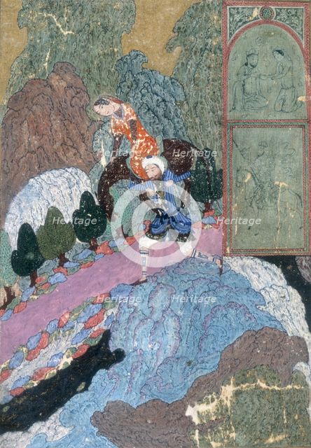 Farhad carrying Shirin and her horse across the stream, c1410-c1411.  Creator: Unknown.
