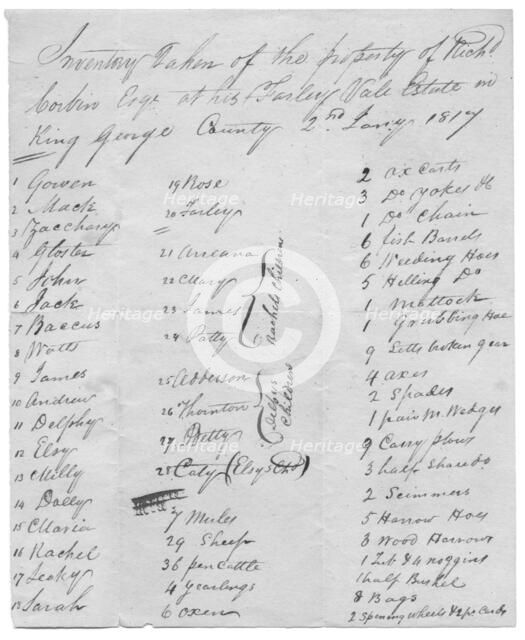 Farley Vale Estate Inventory, 1817. Creator: Unknown.