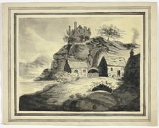 Farm with Overhanging Rock and Castle, n.d. Creator: Unknown