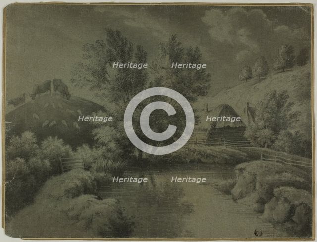 Farm with Pond in Foreground, Cows Grazing on Hill, n.d. Creator: Unknown.