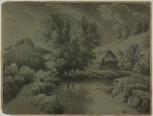 Farm with Pond in Foreground, Cows Grazing on Hill, n.d. Creator: Unknown