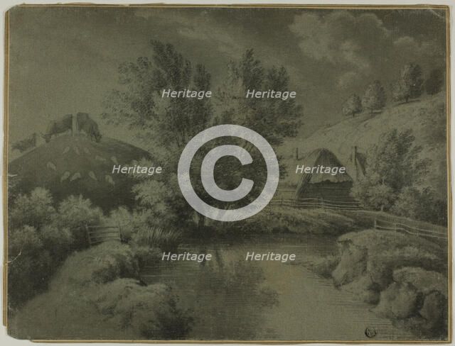 Farm with Pond in Foreground, Cows Grazing on Hill, n.d. Creator: Unknown.