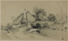 Farm with Thatched Roof Near Stone Bridge, n.d. Creator: Unknown