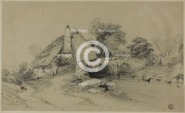 Farm with Thatched Roof Near Stone Bridge, n.d. Creator: Unknown.