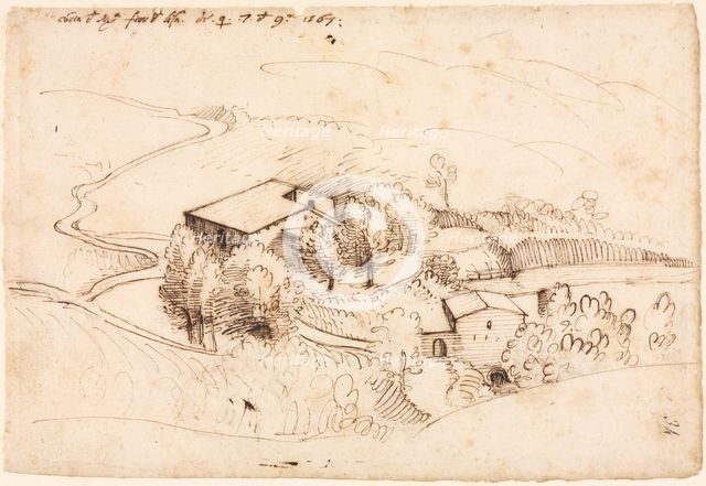 Farm with Trees in a Hilly Landscape, 1567. Creator: Gherardo Cibo (Italian, 1512-1600).