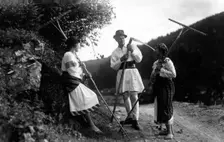 Farm workers with scythes and rakes, Bistrita Valley, Moldavia, north-east Romania, c1920-c1945. Artist: Adolph Chevalier