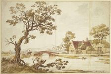 Farm by a stone bridge, over which a rider in a red cloak accompanied by a dog is about to ride. Creator: Aarnout ter Himpel