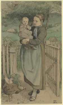 Farm girl standing by a wooden trellis with a child in her arms, c1860s. Creator: Hans Thoma