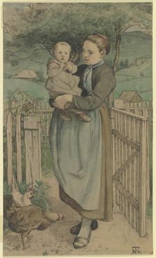 Farm girl standing by a wooden trellis with a child in her arms, c1860s. Creator: Hans Thoma