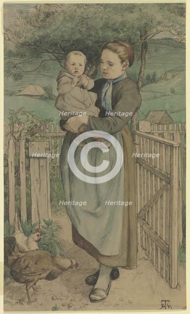 Farm girl standing by a wooden trellis with a child in her arms, c1860s. Creator: Hans Thoma.