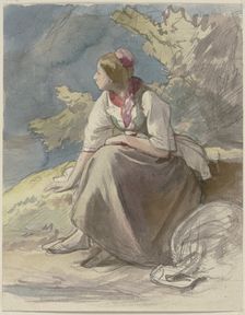 Farm girl sitting on a grass bench facing left, c1830-1872. Creator: Jakob Becker