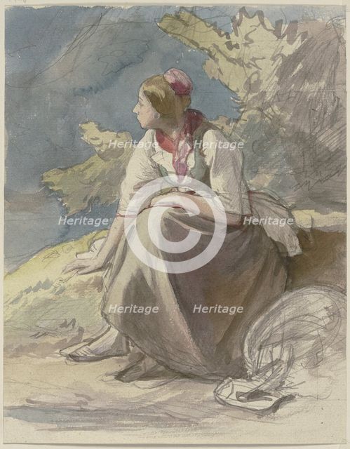 Farm girl sitting on a grass bench facing left, c1830-1872. Creator: Jakob Becker.
