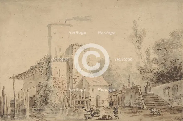 Farm House by a River with Figures, 1765. Creator: Louis Gabriel Moreau.