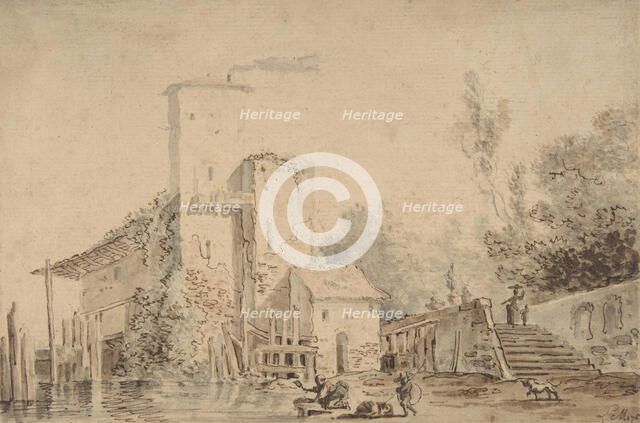 Farm House by a River with Figures, 1765. Creator: Louis Gabriel Moreau.