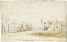 Farm houses and a blacksmith on a country road, c.1627-1650. Creator: Gerard Terborch II