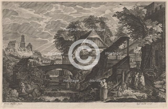 Farm Houses by a River with a City Beyond, 1610/1615. Creators: Aegidius Sadeler II, Pieter Stevens.